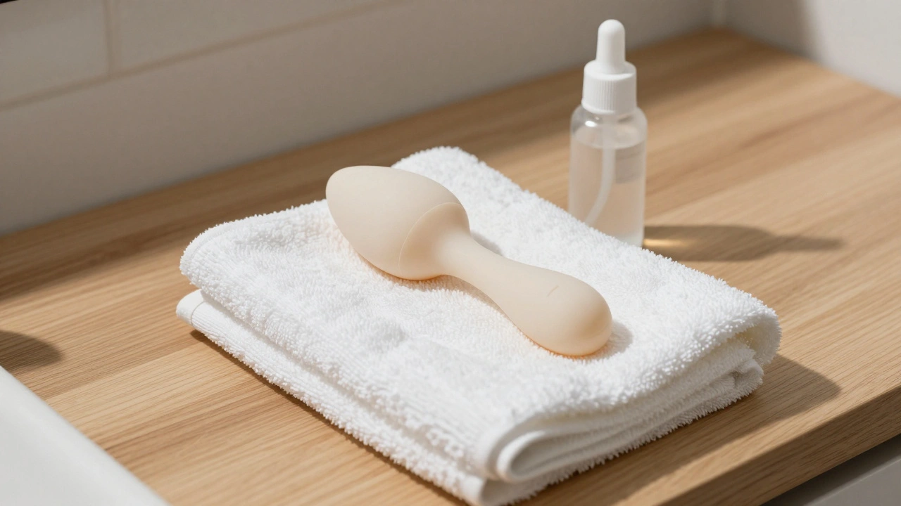 Medical-grade prostate massager and water-based lubricant neatly arranged on a towel.
