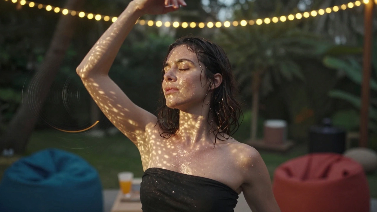 Person dancing with eyes closed under string lights in Printworks Garden