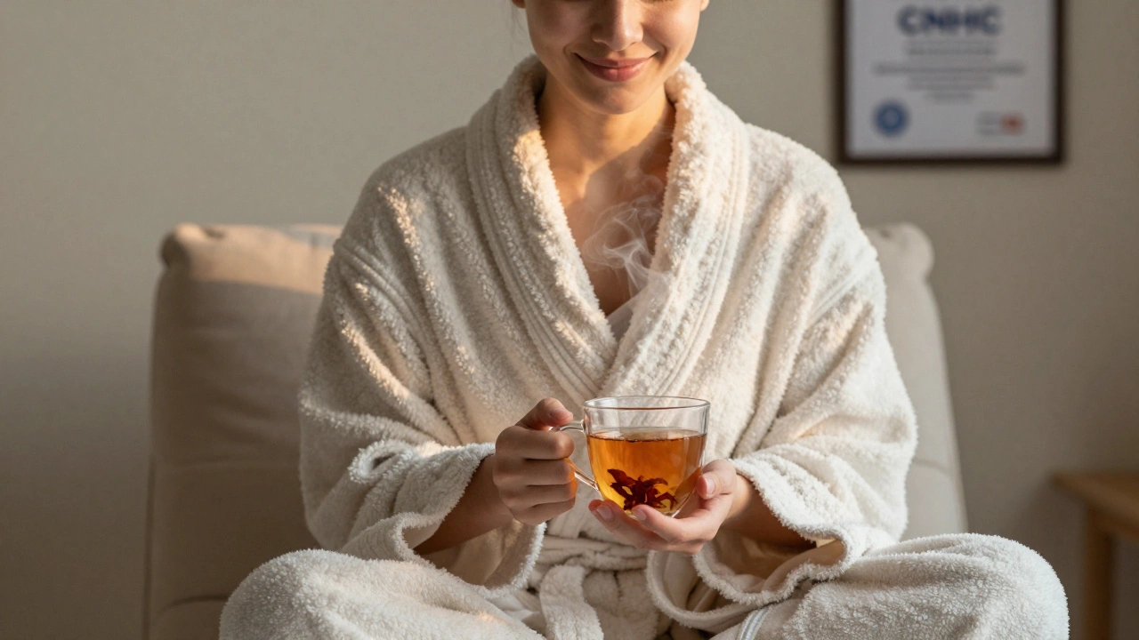 Person smiling in a robe, sipping tea after a massage, with certification frame in background.