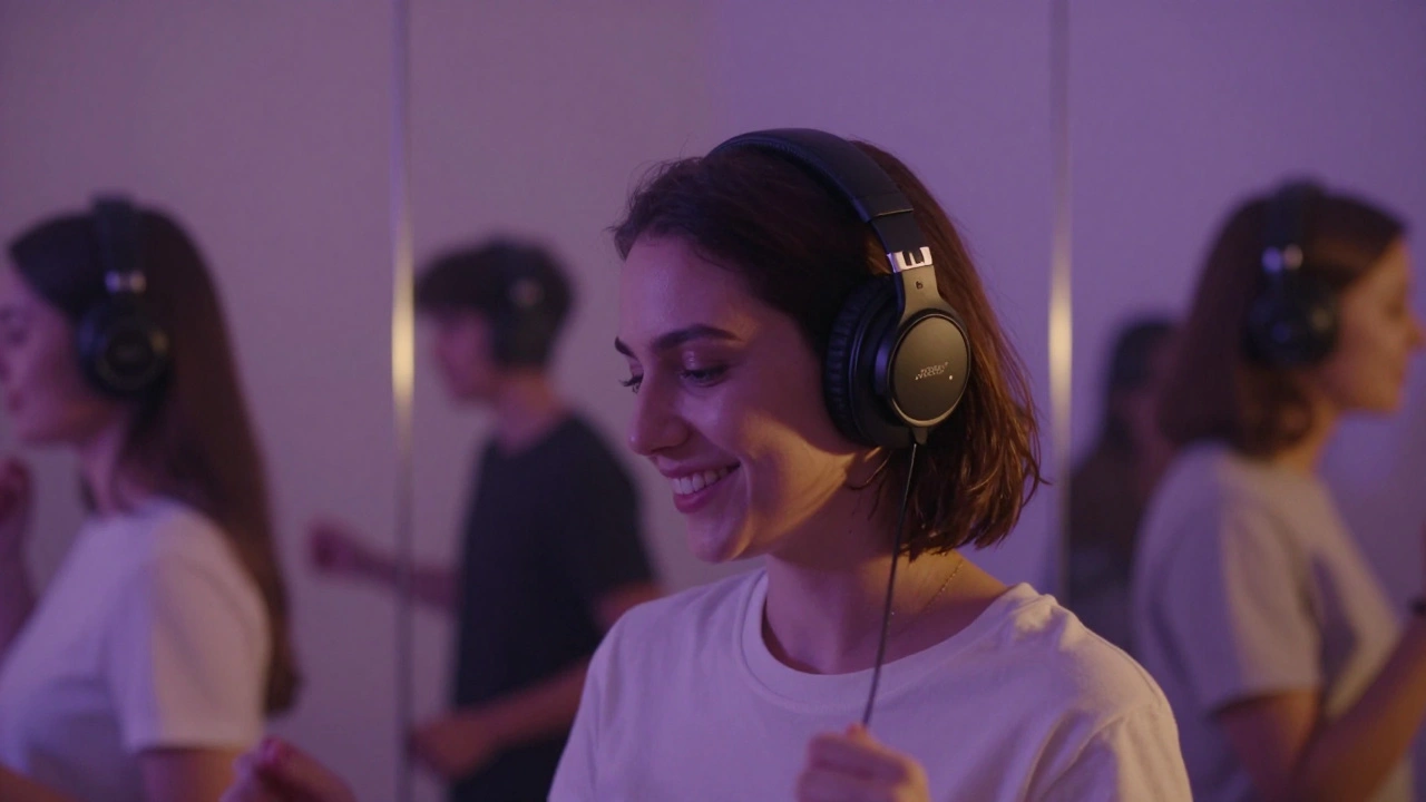 Person wearing wireless headphones dancing alone in the Silent Disco area with soft colored lighting