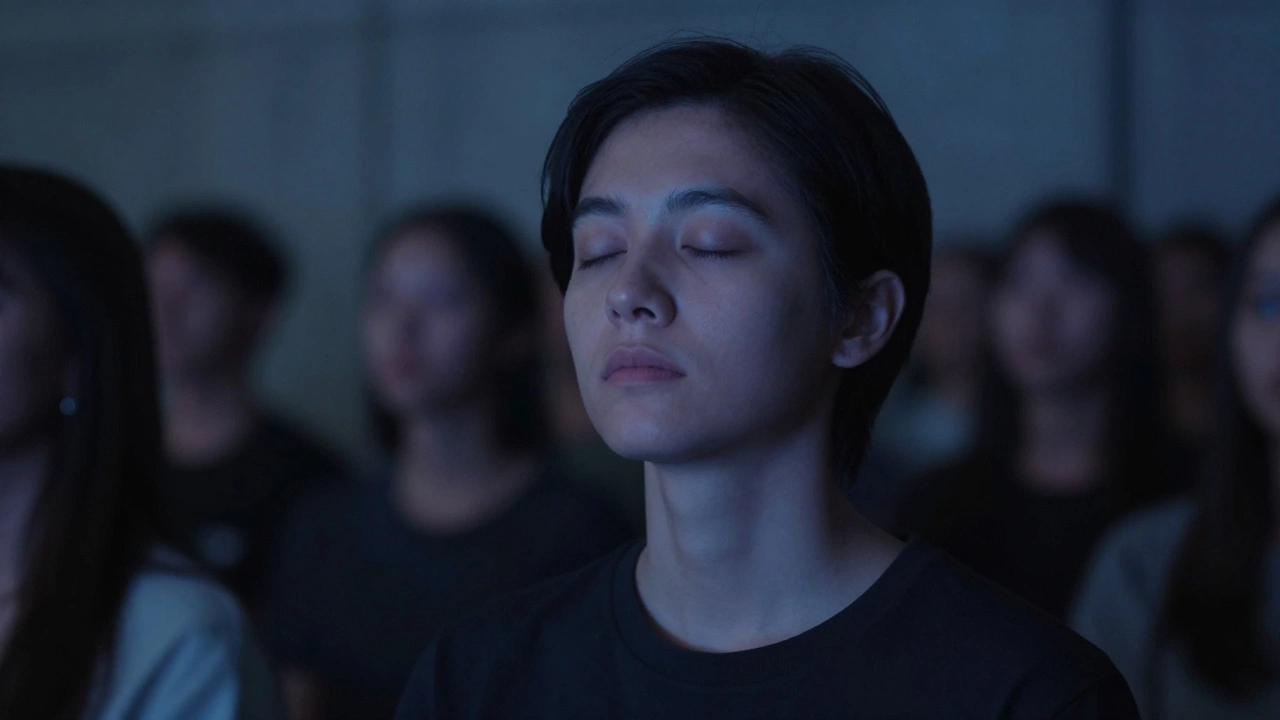 Person with closed eyes, bathed in blue light, standing quietly in a crowd, deeply absorbed in the music.