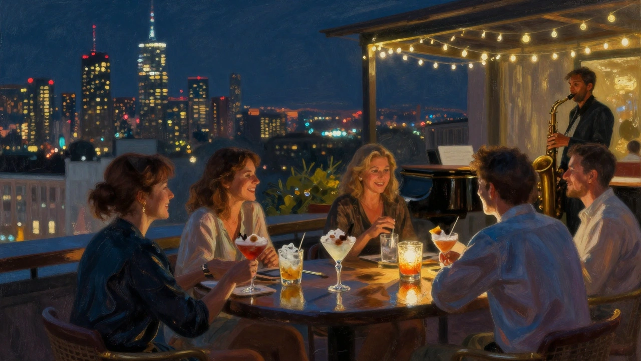 Rooftop bar at night with city skyline behind patrons enjoying cocktails and live jazz.