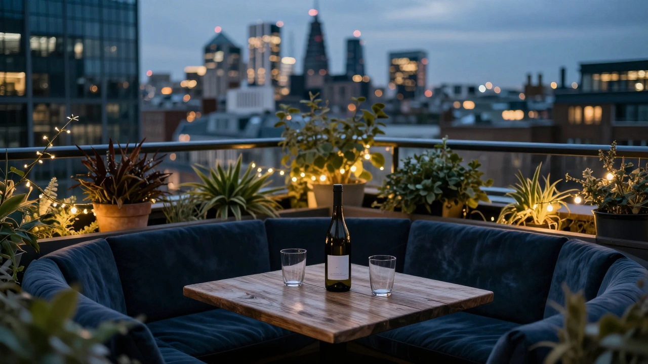 Rooftop garden with fairy lights, low seating, and a bottle of wine at twilight.
