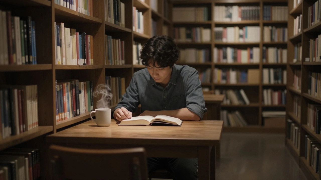 Someone reading alone in a late-night bookstore with soft lamplight and bookshelves.