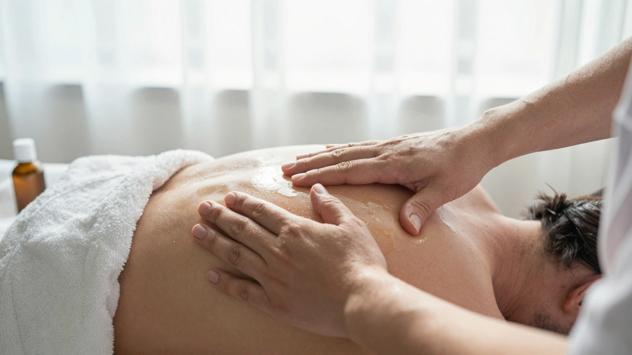 Therapist's hands applying oil to a shoulder with natural light, focused on gentle pressure.