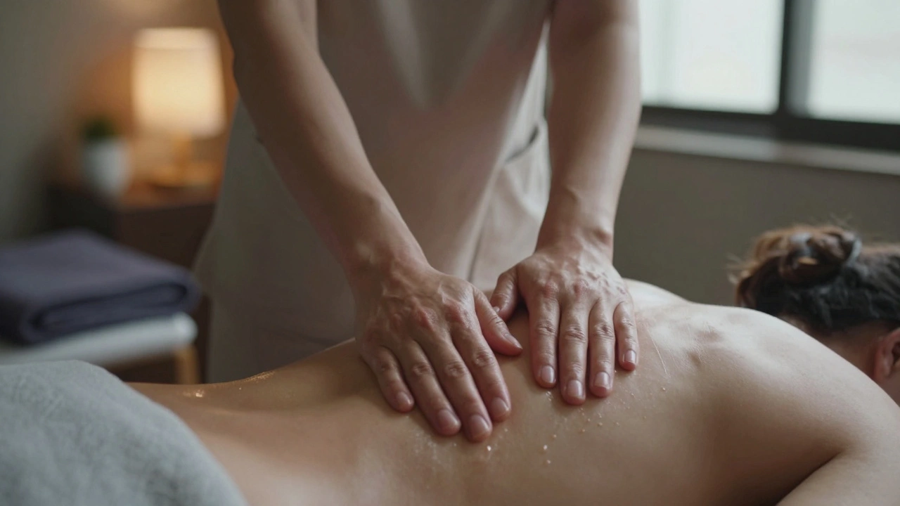 Therapist's hands gently massaging a back with warm oil, under soft, calming lighting.