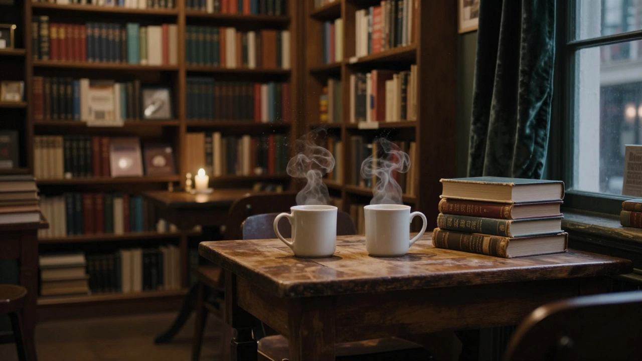Two mugs on a wooden table beside books in a cozy, candlelit London bookshop.