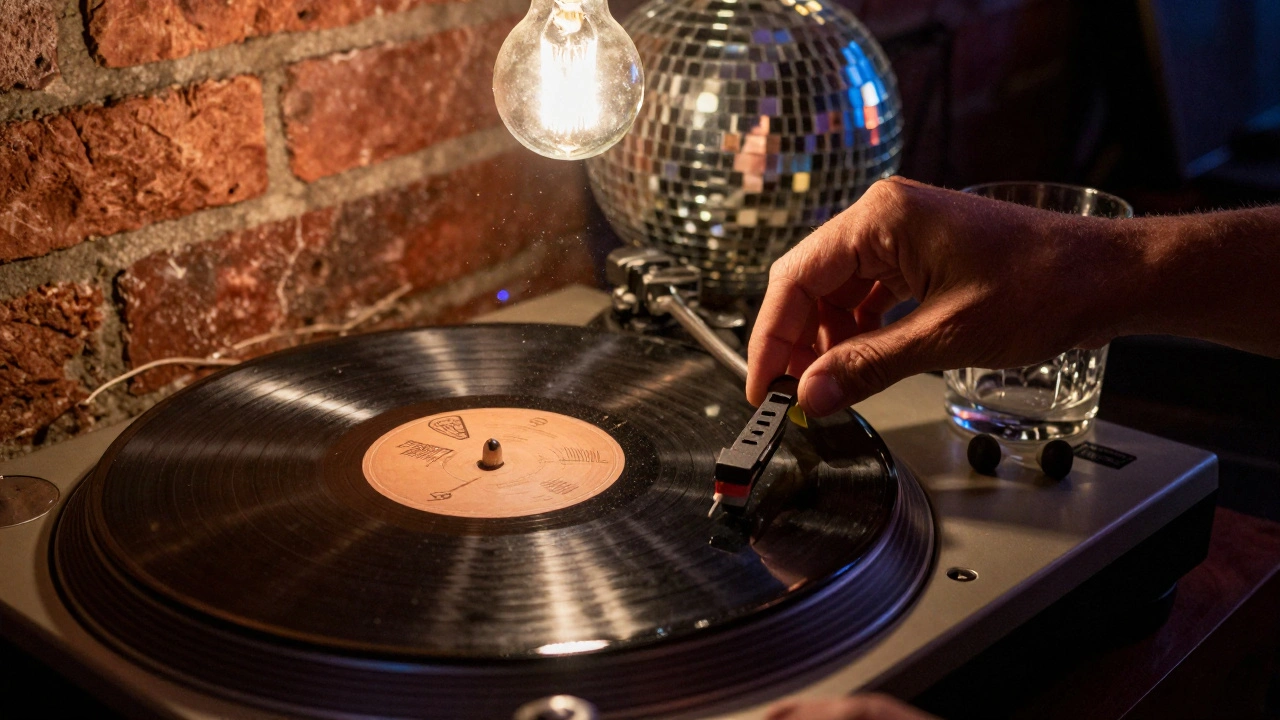Vinyl records spinning on a turntable with mirrored ball light reflecting on brick walls.