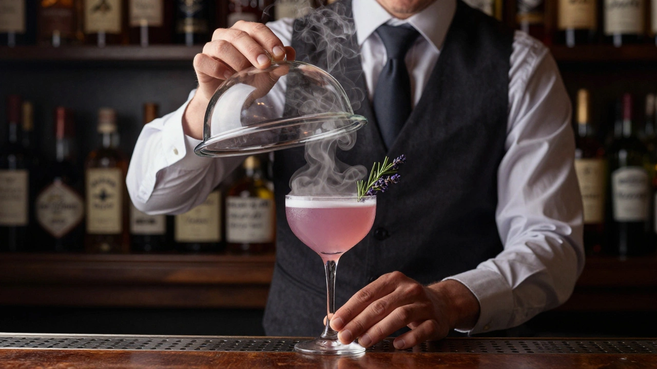 A bartender pouring a drink under a smoking cloche, exotic bottles in background.