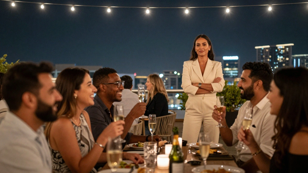 A diverse group laughing at a rooftop event, with a professional observer in the background.