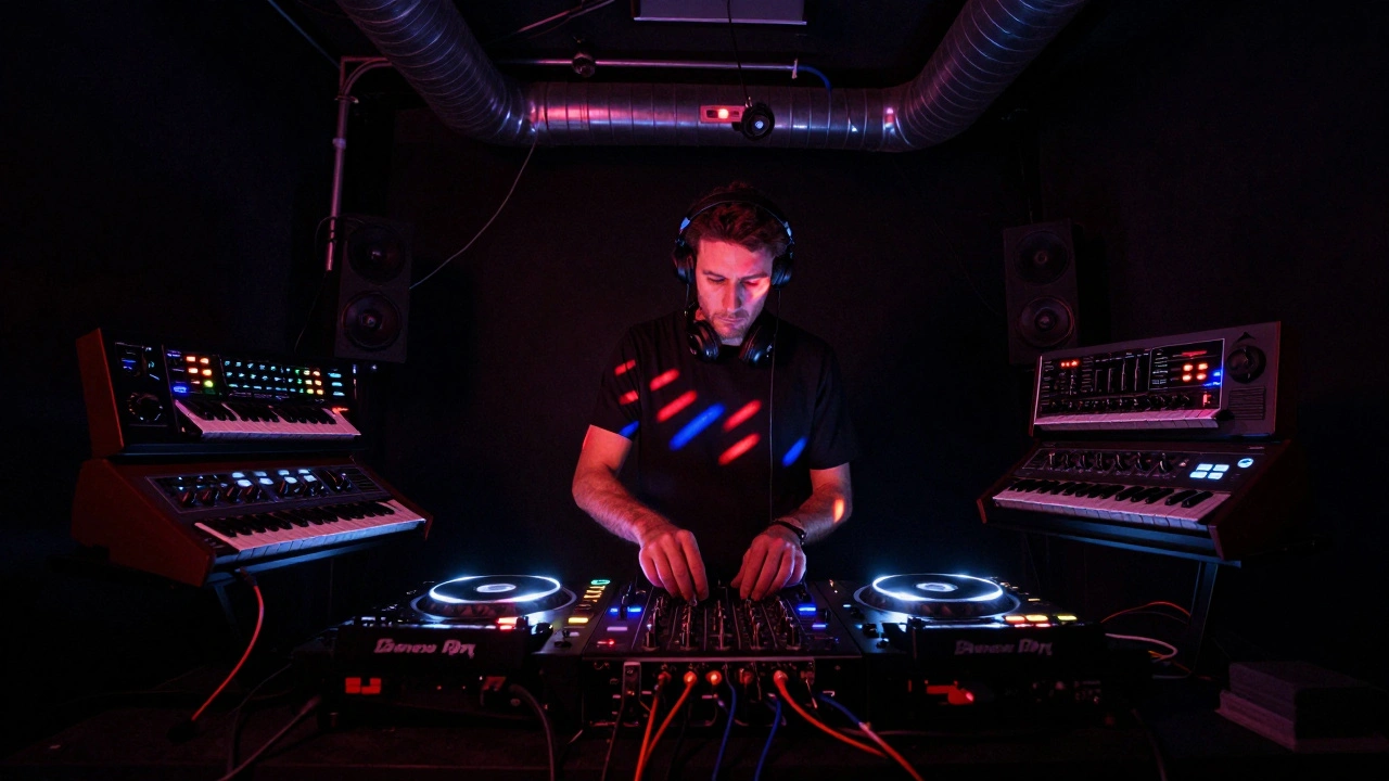 A DJ behind a console with vintage synthesizers and glowing LED lights in a dim industrial space.