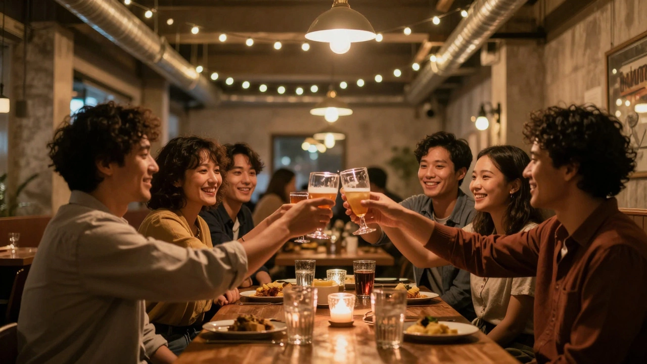 A group of friends toasting in a warm, industrial venue with string lights and vintage decor.
