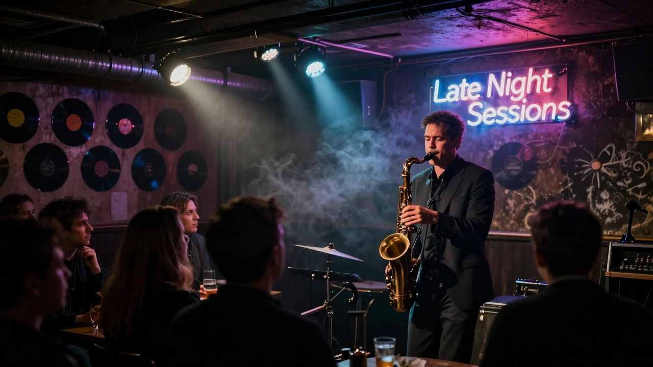 A jazz band performing in a dim basement club with neon lights