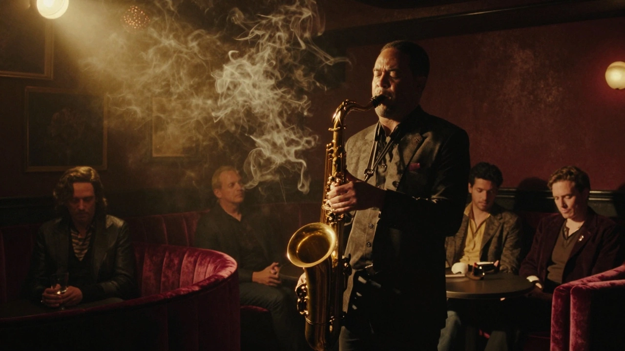 A jazz band performing in a dimly lit basement club with attentive patrons.