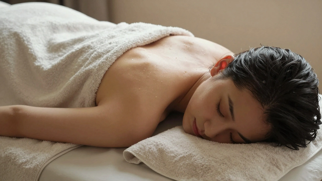 A person peacefully lying on a massage table, covered by a towel, eyes closed in deep relaxation.