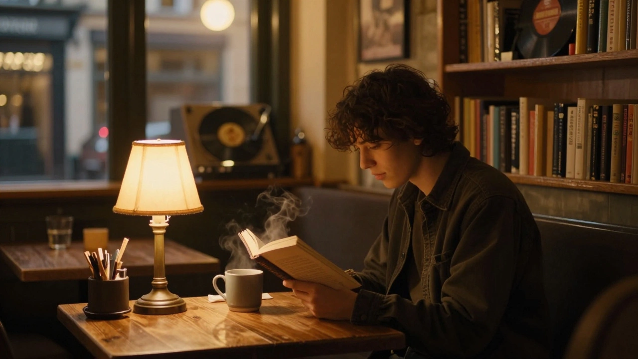 A person reading a book in a warm, softly lit 24-hour café late at night.