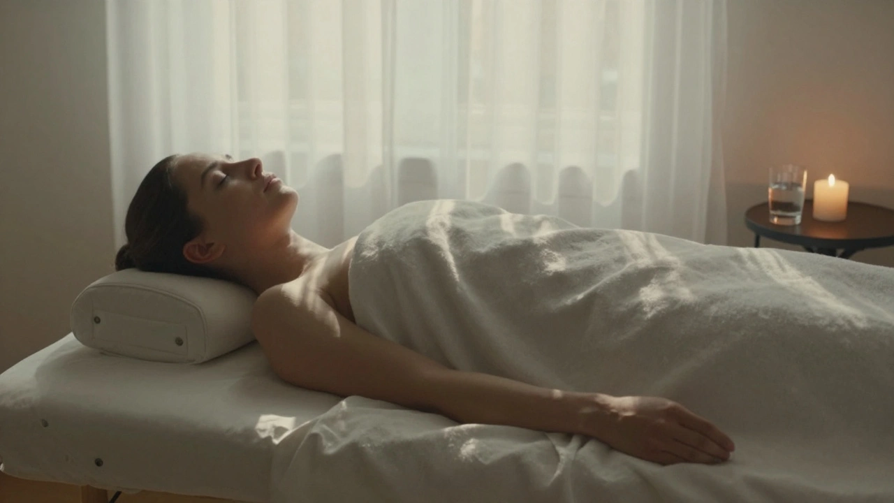 A person relaxed on a massage table, covered in a blanket, with water and a candle nearby.