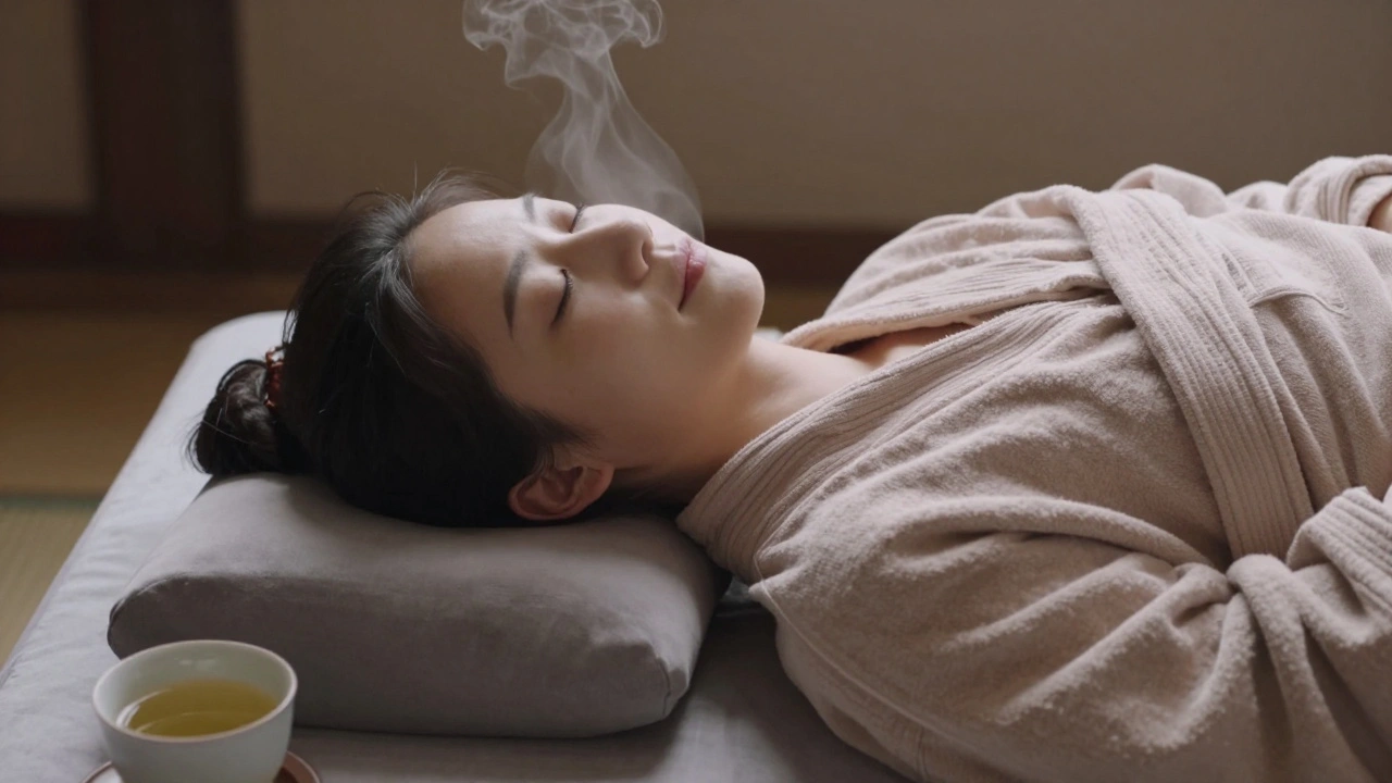 A person resting peacefully after a massage, wrapped in a robe, with herbal tea nearby.