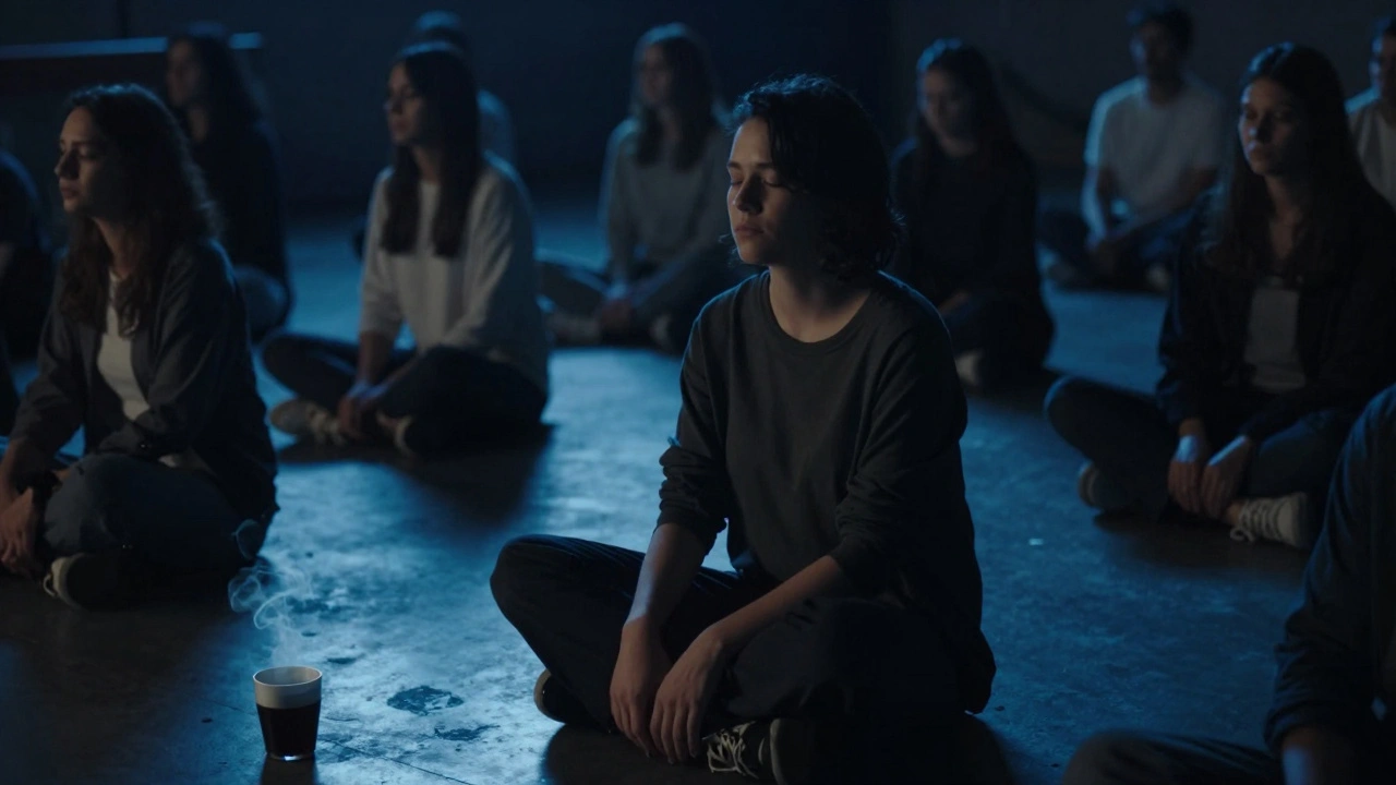 A person sitting alone on the floor, eyes closed, deeply absorbed in live music.