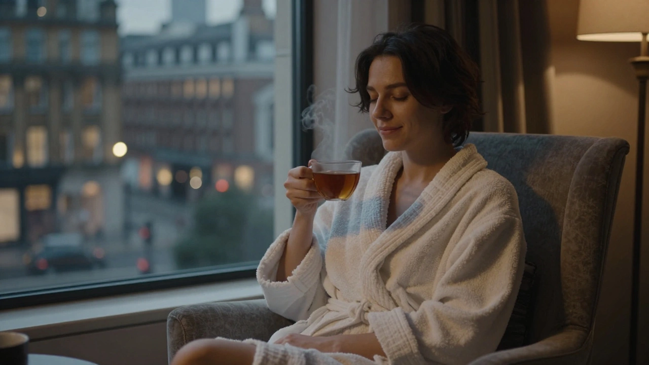 A person sitting peacefully after a massage, holding tea, eyes closed, with city lights outside.