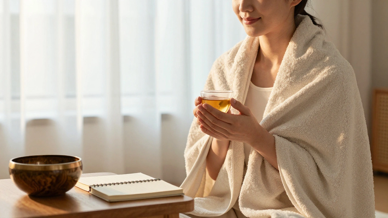A person sitting quietly after a tantric session, holding tea, bathed in soft morning light.