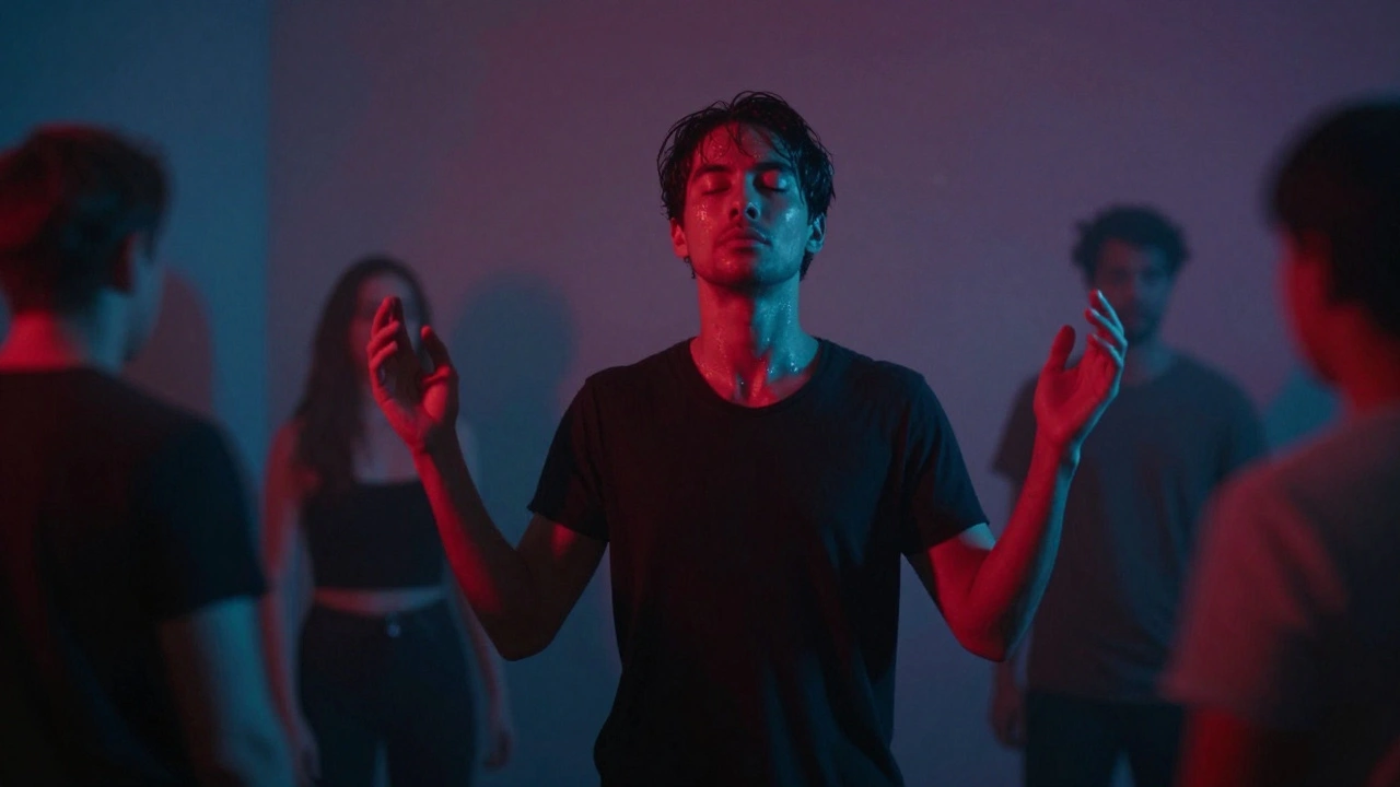 A person standing still with eyes closed, bathed in red and blue light, absorbing the bass at Printworks.