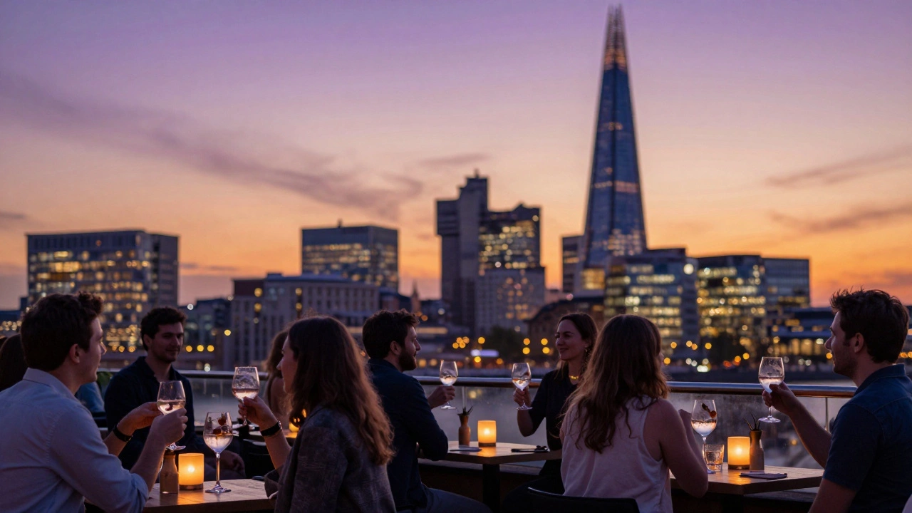A rooftop bar at sunset with the London skyline in the background and guests enjoying drinks.