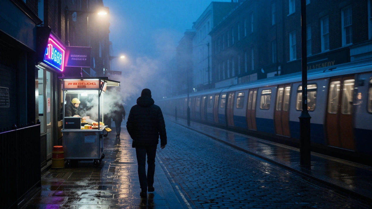 A solitary walker on a foggy London street at 3 a.m. under glowing neon and streetlights.