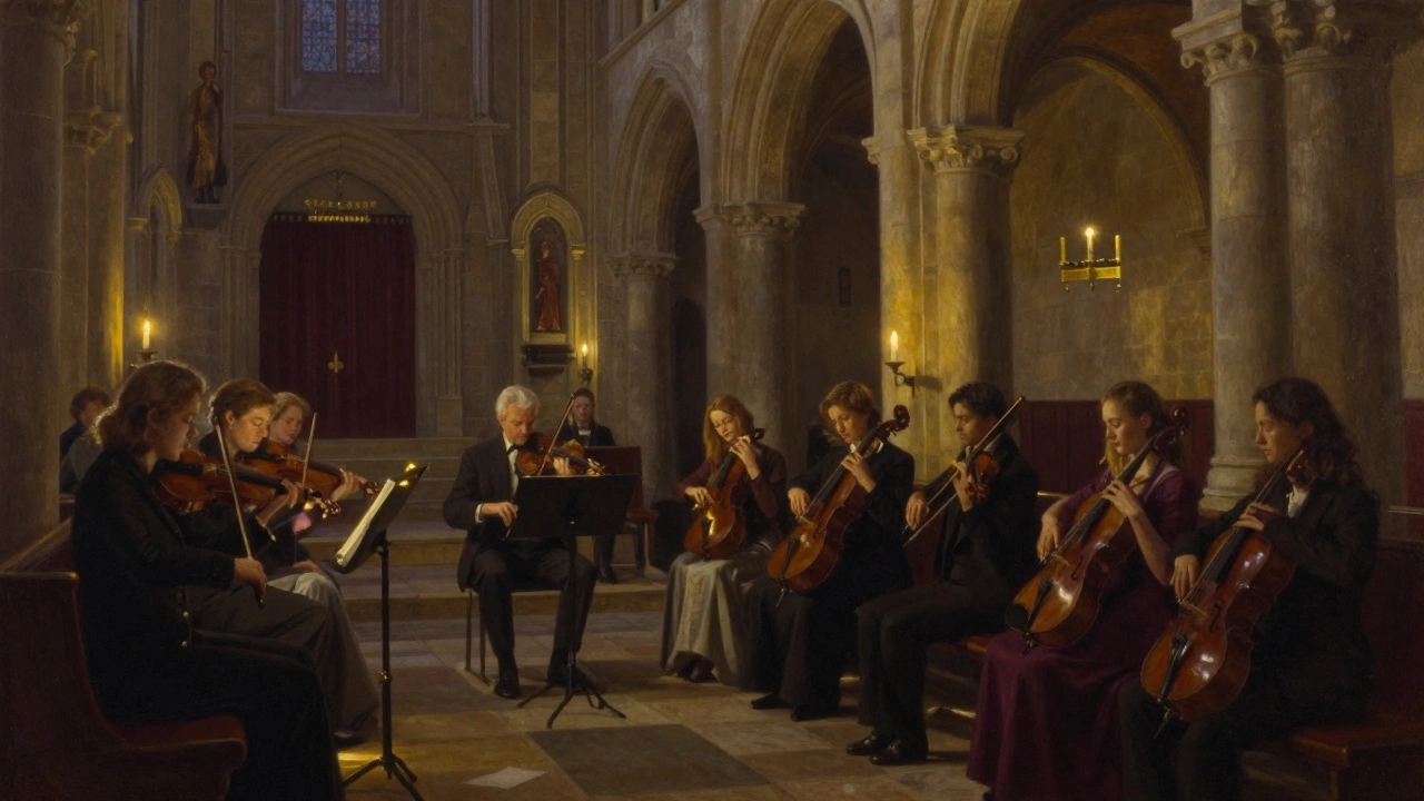 A string quartet performs in a candlelit church at night, surrounded by silent listeners.