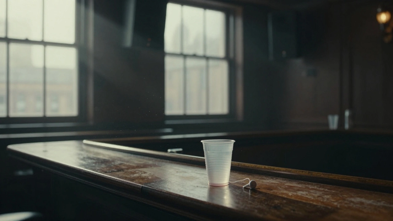 An empty London nightclub after hours, with glowing speakers and a lone cup on the bar.