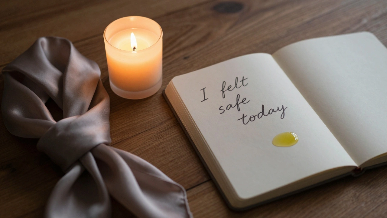 An open journal beside a candle with the words 'I felt safe today' written in handwriting, symbolizing emotional release.