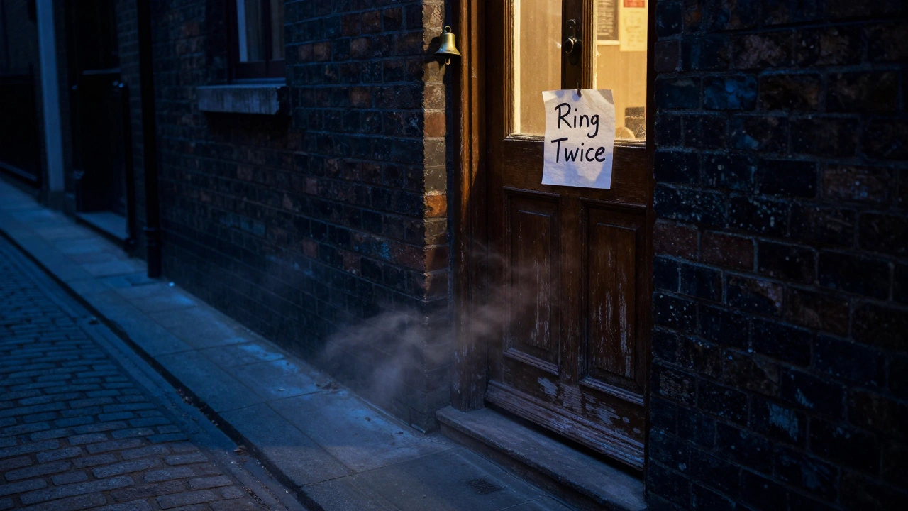 An unmarked alley door with a bell and note saying 'Ring Twice' at night.