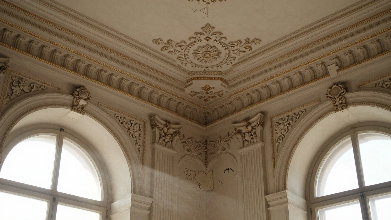 Close-up of 1899 ceiling details with dust motes and preserved historic plasterwork in The Clapham Grand.