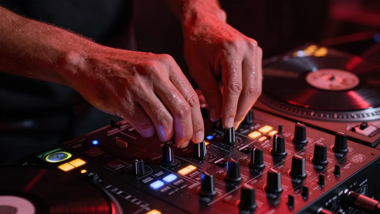 Close-up of a DJ's hands adjusting mixing console knobs in a dimly lit London club.