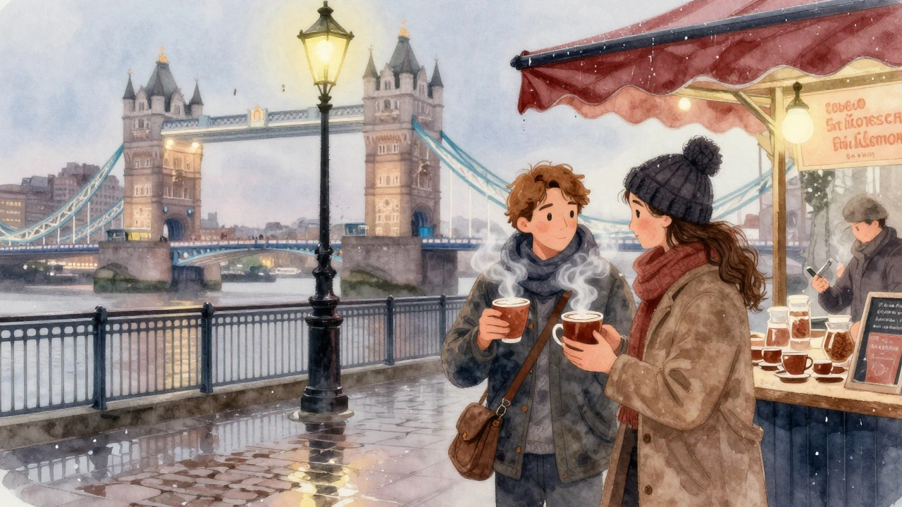 Couple sharing hot chocolate from street vendor on Thames walkway