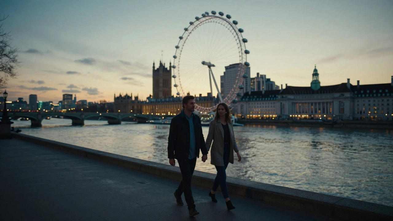 Couple strolling Thames at sunset with London Eye and Parliament