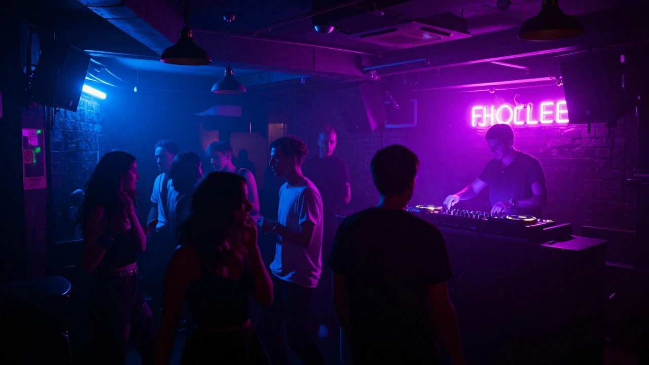 Dancers moving under neon lights and strobes in a dim underground London club with a DJ at the console.