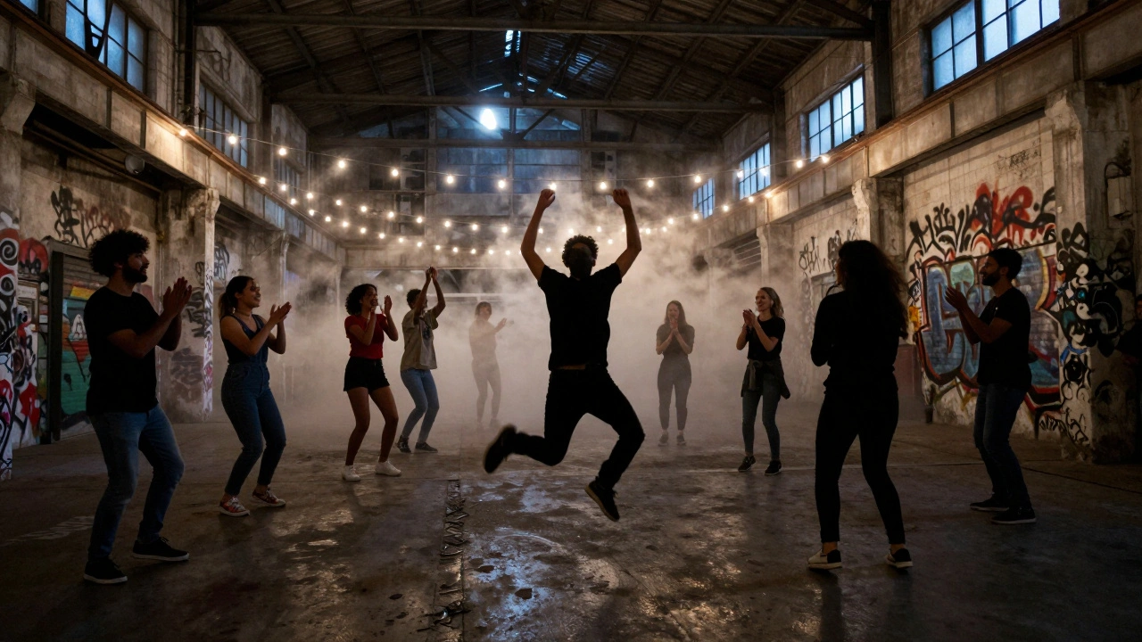 Diverse crowd dancing in a warehouse under string lights, fog swirling around joyful movements.