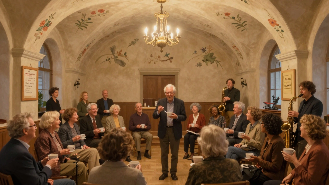 Diverse group laughing in community sing-along at The Clapham Grand, one person holding a teacup.
