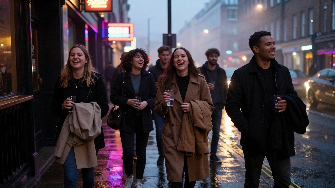 Diverse group laughing outside a club at dawn, holding drinks and coats in London.