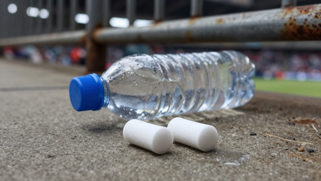 Foam earplugs and a water bottle on a gritty concrete floor at Drumsheds.