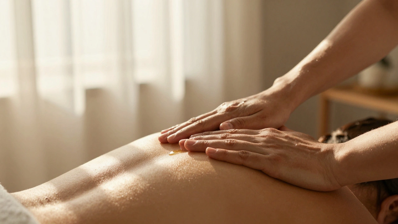 Gentle hands massaging a shoulder with warm oil, sunlight filtering through a window.