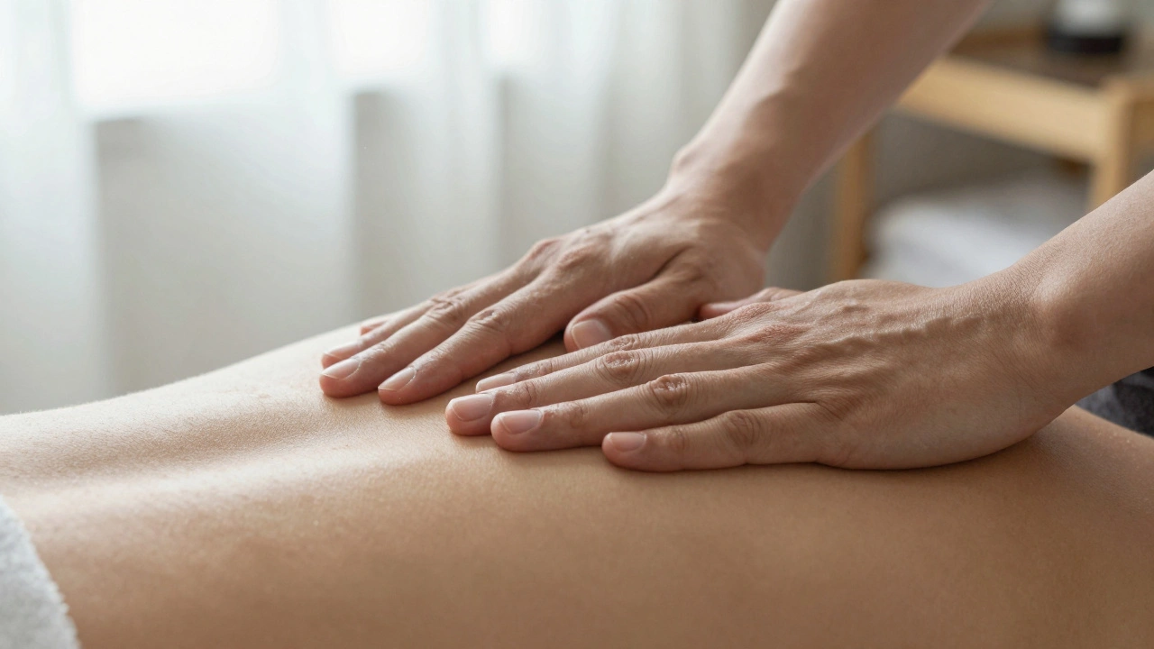 Gentle hands performing a calming Swedish massage on a shoulder, with natural light and blurred surroundings.