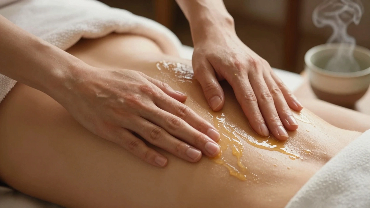 Hands gently applying warm oil to a back, with soft light highlighting the oil's sheen and gentle movement.