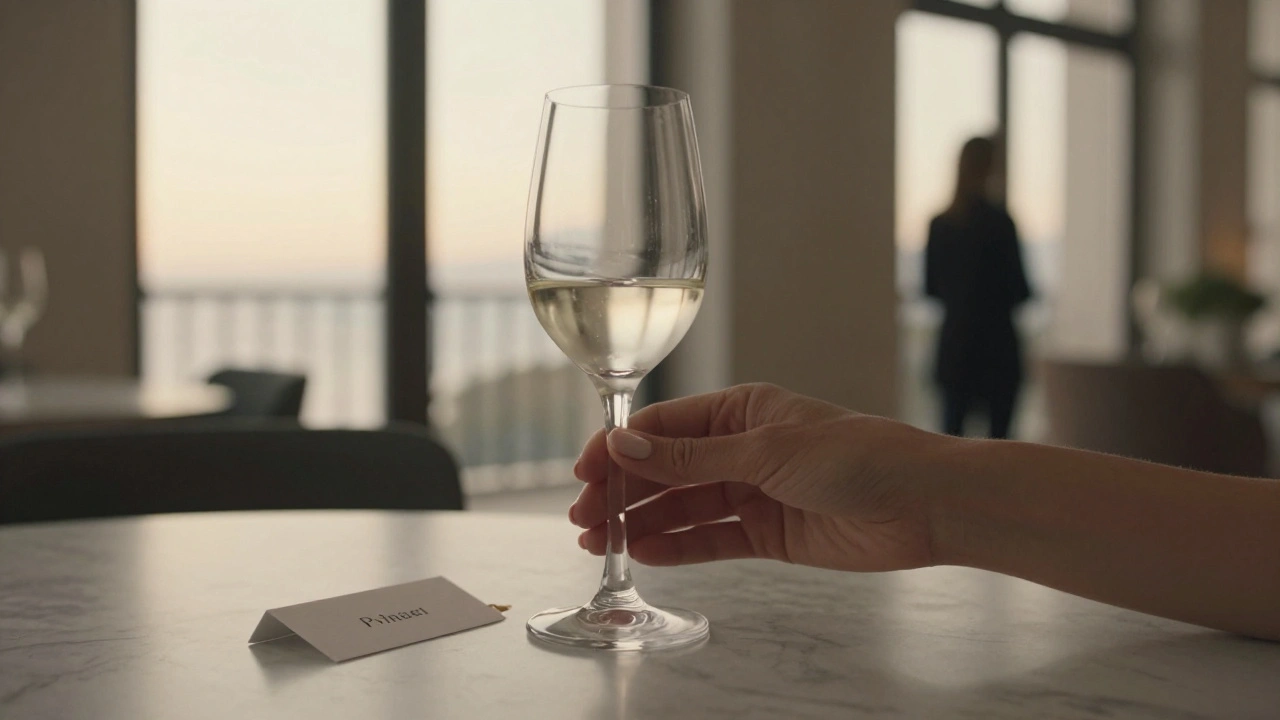 Hands offering a wine glass with a name tag beside it, symbolizing thoughtful social connection.