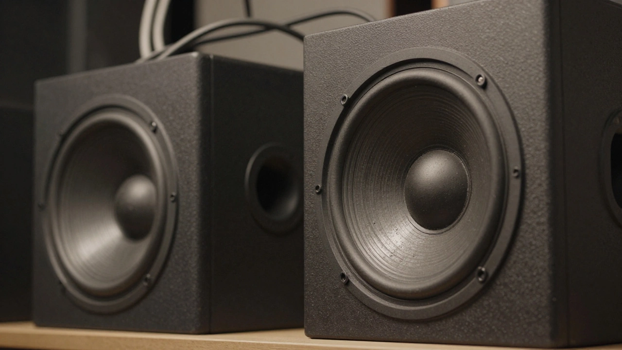 Industrial sound system with exposed speakers and wires, casting low light in a dark room.