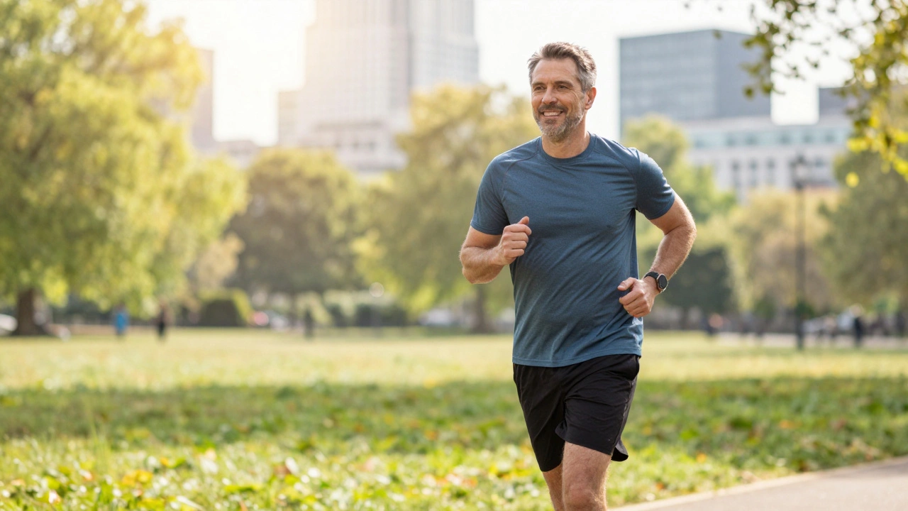 Man jogging in London park symbolizing prostate health benefits.