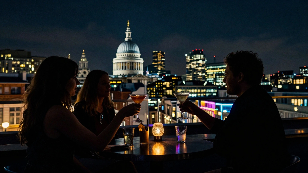 People enjoying cocktails at a rooftop bar with London skyline behind