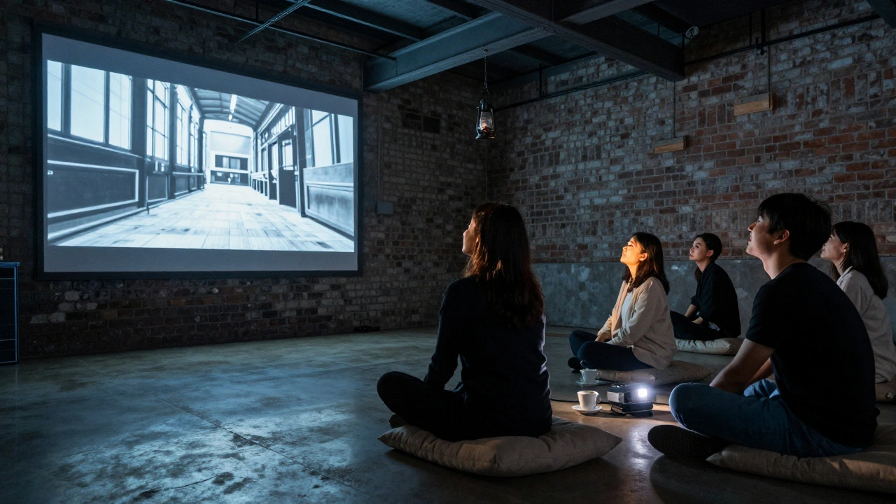 People watch a projected film on a brick wall in a converted warehouse, seated on cushions.