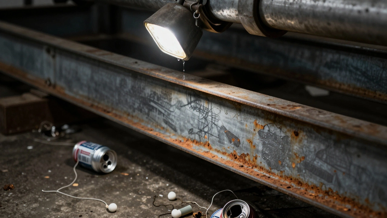 Rusted steel beams with faded ink stains in Printworks London, concrete floor littered with debris.